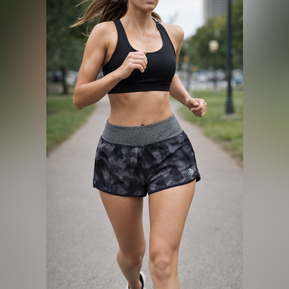 MPG Women’s 3” Inseam Athletic Running Shorts Gray Abstract Print Size Medium
